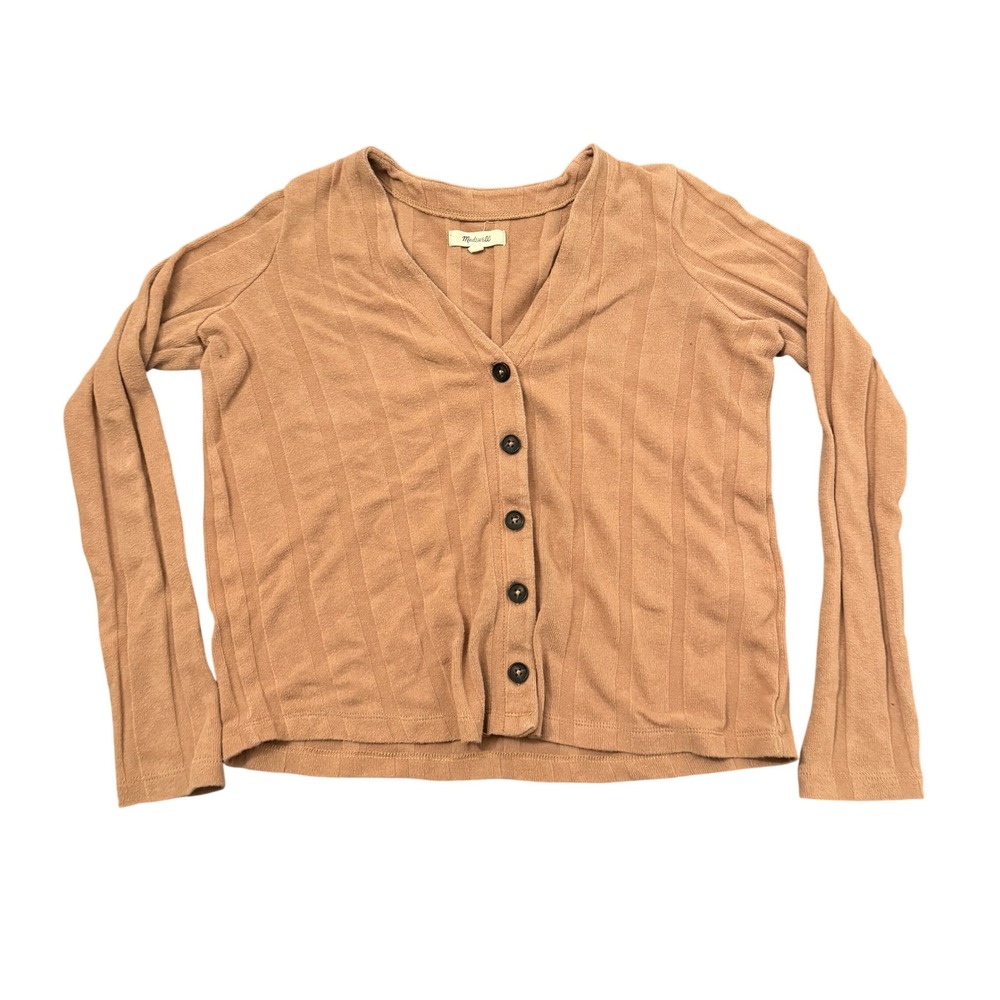 Madewell Womens XS Tan Ribbed V-Neck Button Front Cardigan Sweater Long Sleeve
